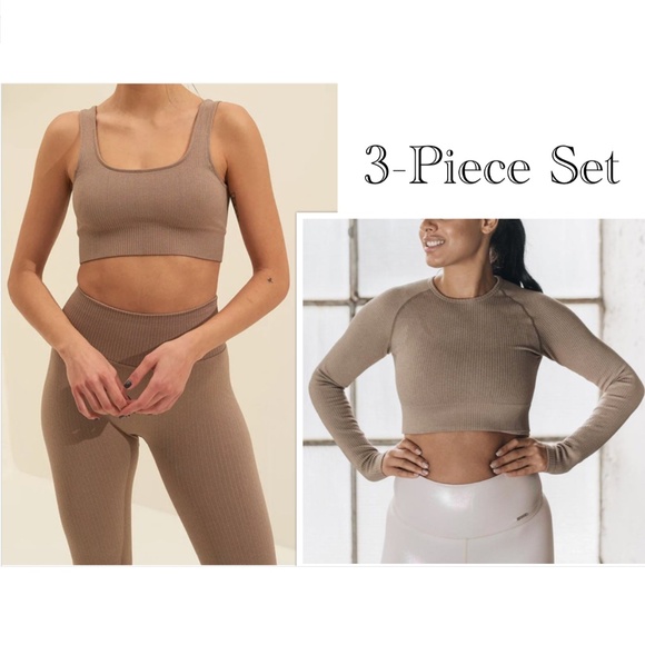 AIM’N Ribbed Seamless Set Esspresso Tights, Bra & Long Sleeve Women's Small - Picture 1 of 16